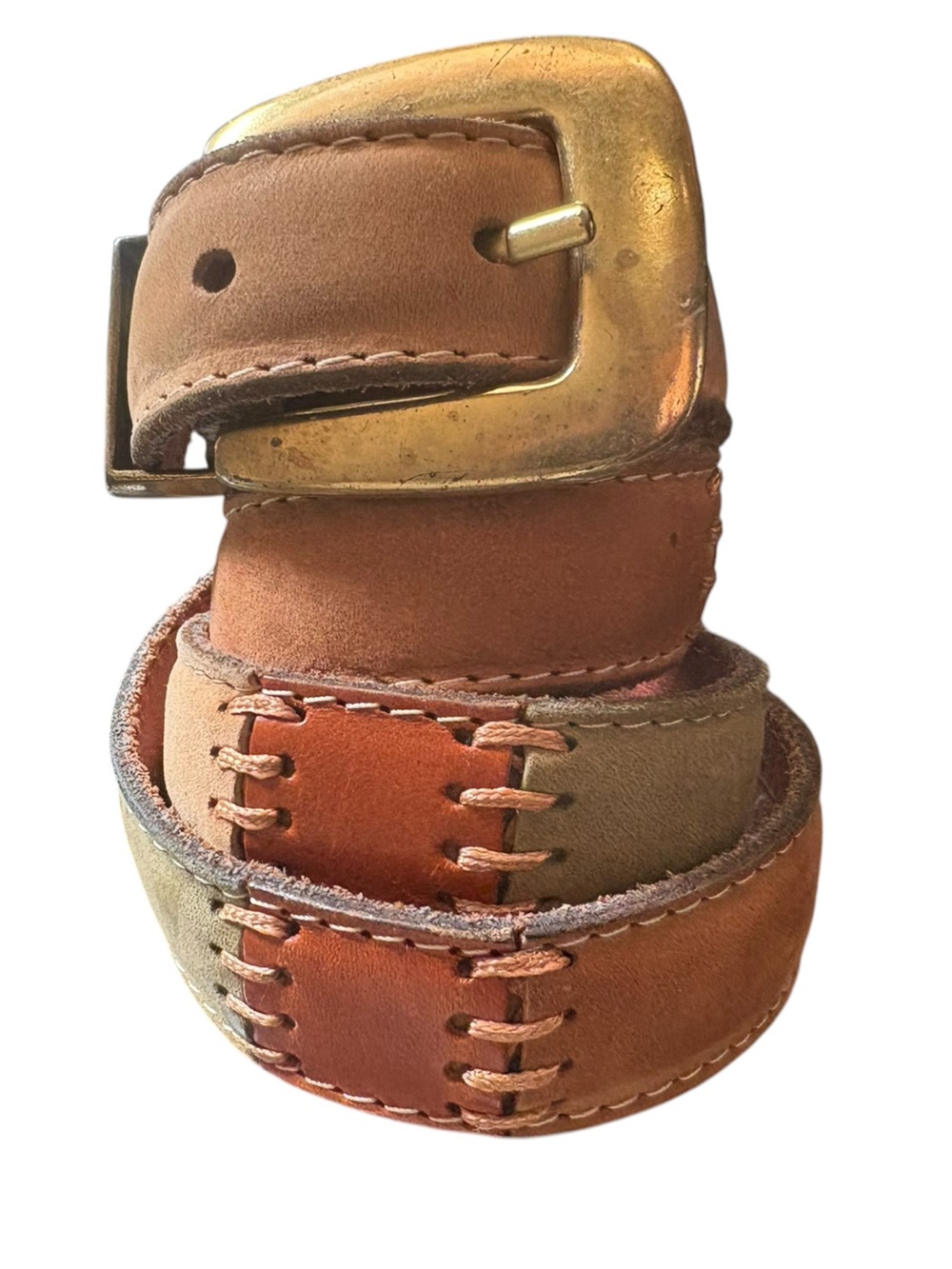 Vintage Fossil Leather & Suede Patchwork Brass Buckle Belt Brown Green Sz M